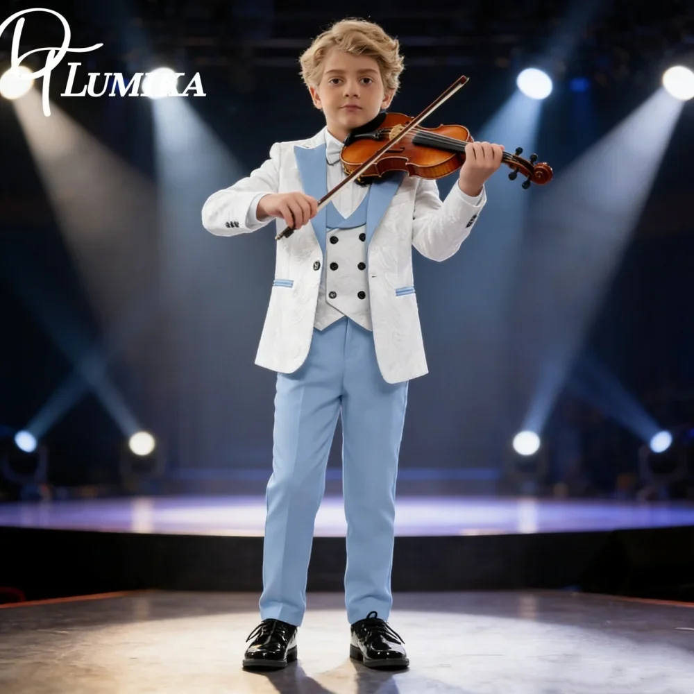 Classic 4 Pieces Boys Formal Suit White Sky Blue Contrast Tuxedo Blazer Vest Pants For Performance Party
Classic 4 Pieces Boys Formal Suit White Sky Blue Contrast Tuxedo Blazer Vest Pants For Performance Party