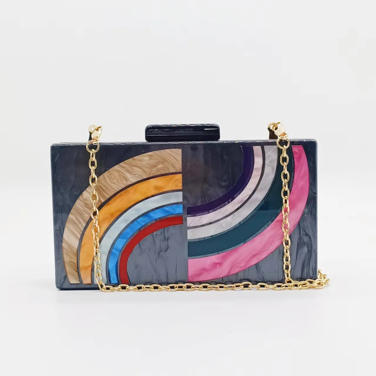 Fashionable Ladies Evening Clutch Acrylic Bag with Pearlized Finish and Colorful Stripe Splicing for Shoulder or Cross-body Use
Fashionable Ladies Evening Clutch Acrylic Bag with Pearlized Finish and Colorful Stripe Splicing for Shoulder or Cross-body Use
