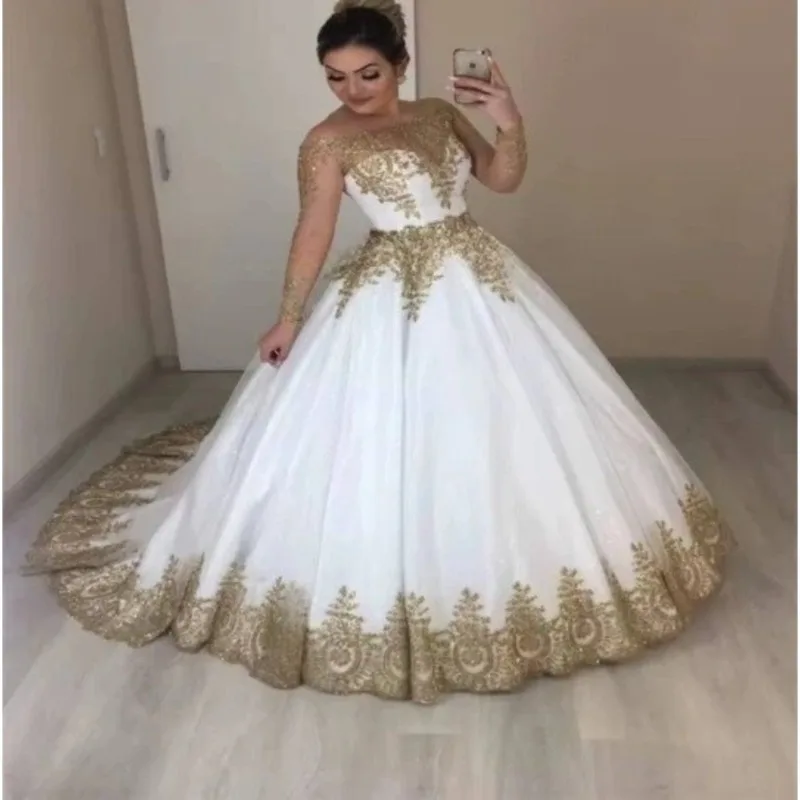 Muslim Gold Lace Wedding Dresses For Bride 2025 Off Shoulder Long Sleeves Ball Gown Dubai Saudi Arabia Bridal Gown With Applique
Muslim Gold Lace Wedding Dresses For Bride 2025 Off Shoulder Long Sleeves Ball Gown Dubai Saudi Arabia Bridal Gown With Applique