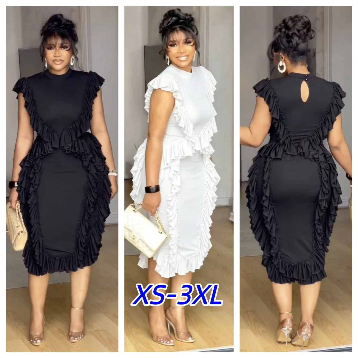 Elegant Women Summer Ruffles Dress Sleeveless Bodycon Round Neck Casual Vintage Slim Evening Party Club Midi Black Dresses
Elegant Women Summer Ruffles Dress Sleeveless Bodycon Round Neck Casual Vintage Slim Evening Party Club Midi Black Dresses