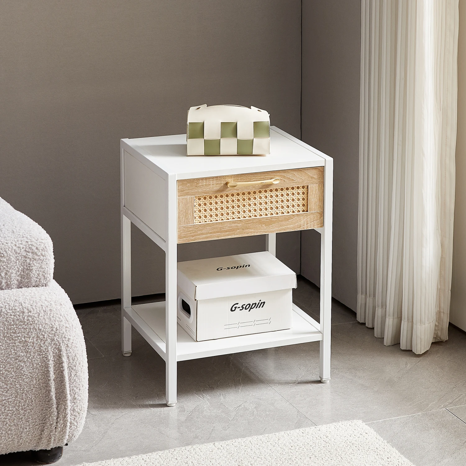 Rattan End Table with Drawer, Modern Nightstand, Metal Legs, Side Table - White - Living Room, Bedroom - 15.74"
Rattan End Table with Drawer, Modern Nightstand, Metal Legs, Side Table - White - Living Room, Bedroom - 15.74"