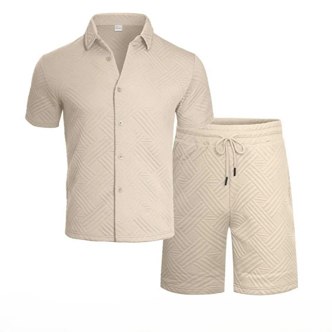 Men's summer solid-color crew-neck jacquard shirt with short sleeves - two-piece casual suit. Fashionable daily streetwear.
Men's summer solid-color crew-neck jacquard shirt with short sleeves - two-piece casual suit. Fashionable daily streetwear.