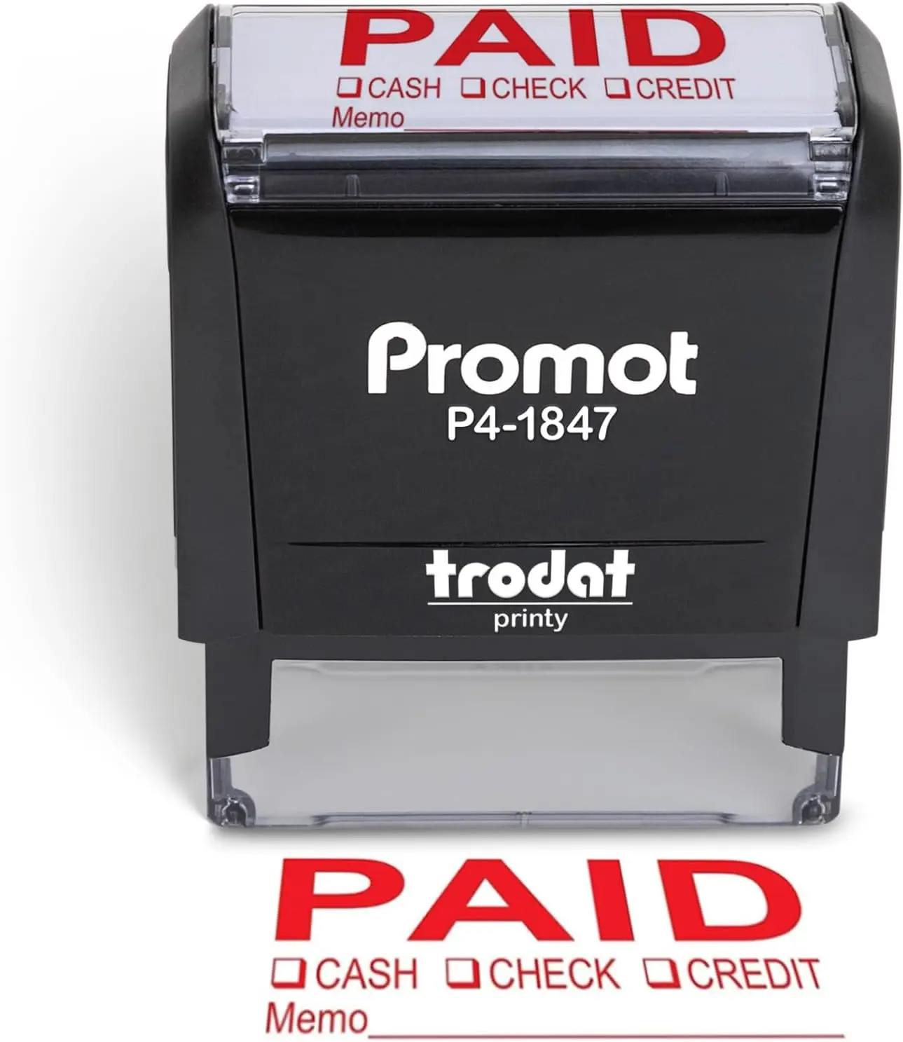 Self Inking Paid Stamp - Red Ink, Check Boxes & Memo Line, 9/16x1.5 in, Refillable
Self Inking Paid Stamp - Red Ink, Check Boxes & Memo Line, 9/16x1.5 in, Refillable