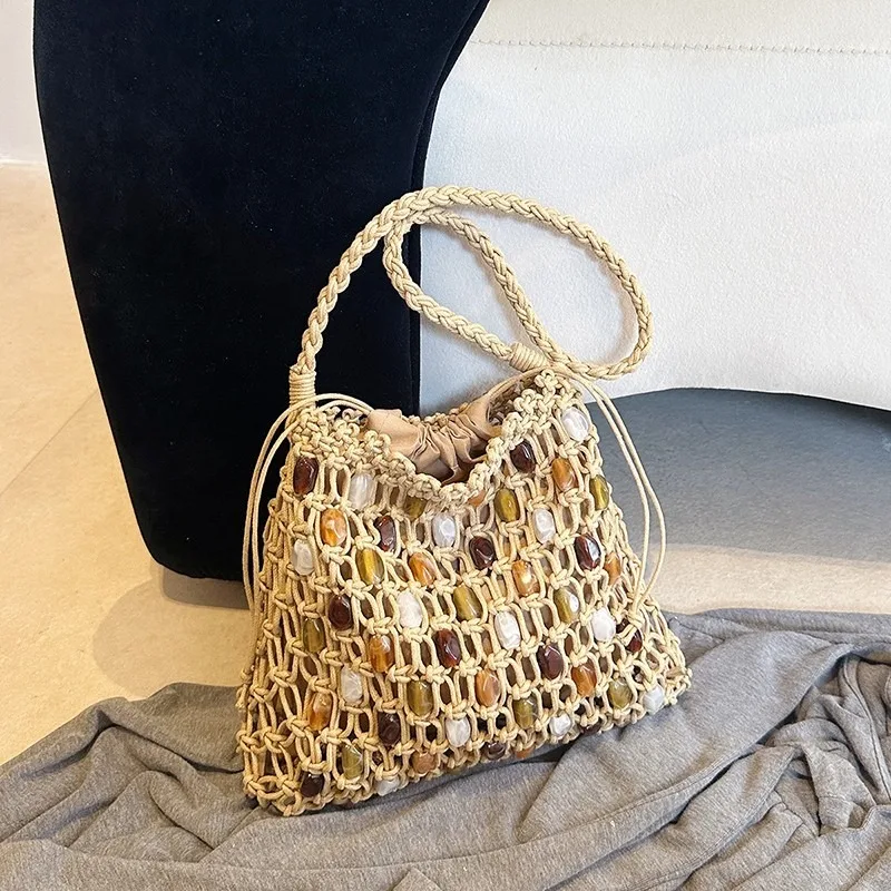 Summer Hollow Out Woven Beaded Crochet Tote Bags Hot Sale Beach Drawstring Bucket Handbag Multicolor Wooden Beads Shoulder Purse
Summer Hollow Out Woven Beaded Crochet Tote Bags Hot Sale Beach Drawstring Bucket Handbag Multicolor Wooden Beads Shoulder Purse