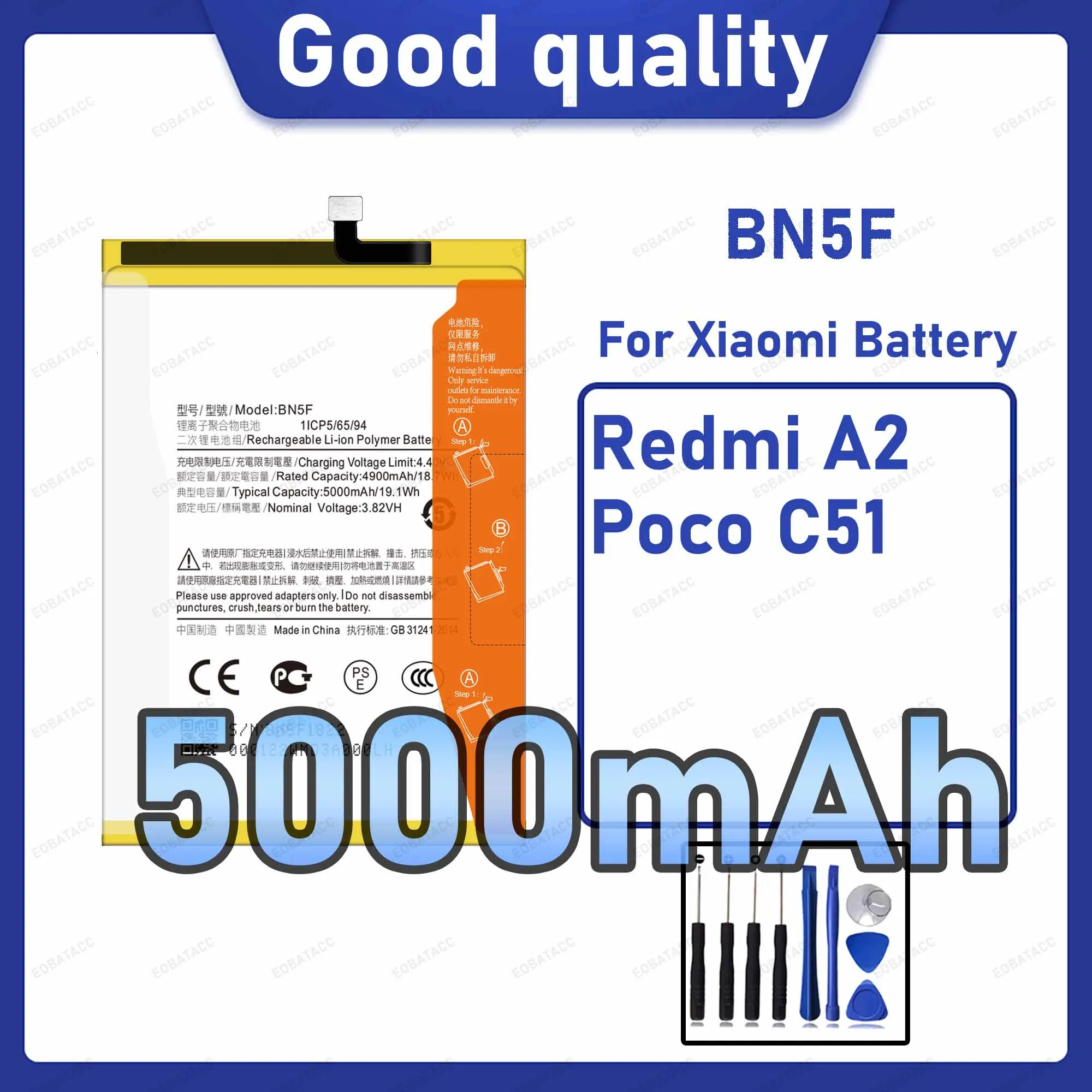 5000mAh BN5F Replacement Battery for Xiaomi Redmi A2/Poco C51 with Repair Tools Kit
5000mAh BN5F Replacement Battery for Xiaomi Redmi A2/Poco C51 with Repair Tools Kit