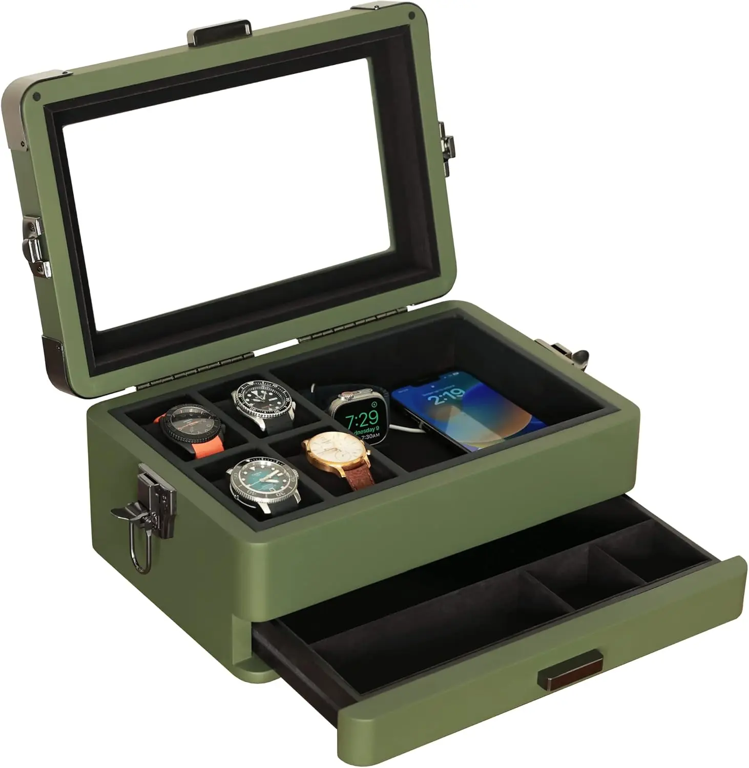 Watch Box Organizer for Men, 10 Slot Military Case with Real Glass Top, Apple Watch Stand, Modular Valet Tray, Accessory Drawer
Watch Box Organizer for Men, 10 Slot Military Case with Real Glass Top, Apple Watch Stand, Modular Valet Tray, Accessory Drawer