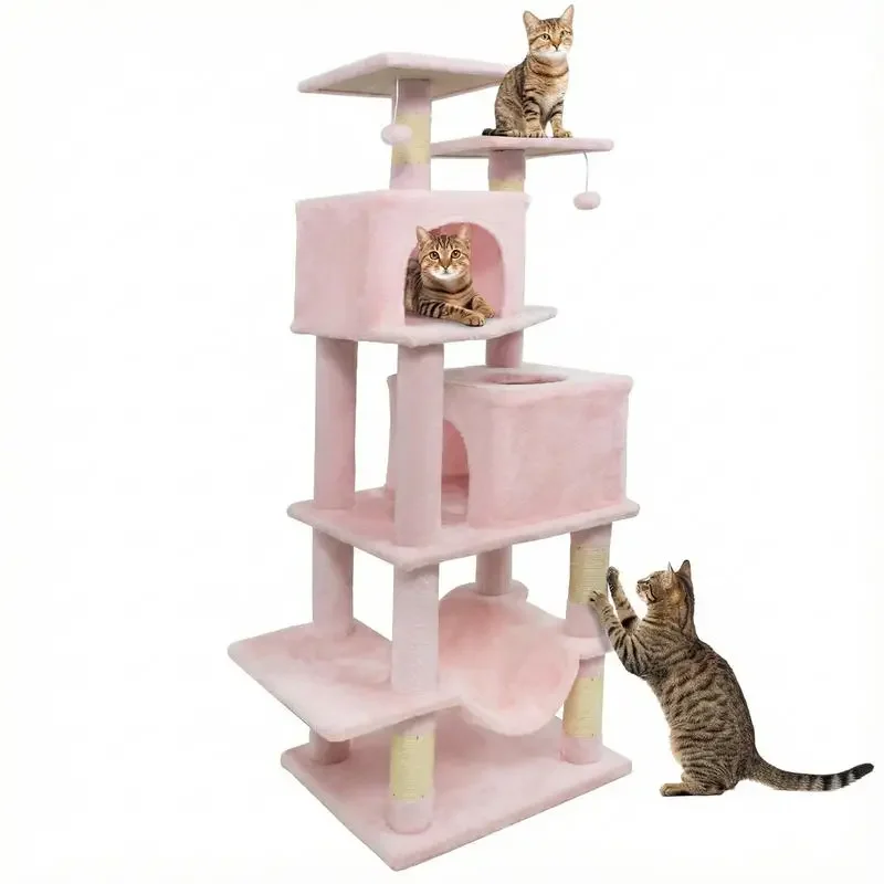 57 Inch Cat Tree with Dual Condos and Hammock and 2 Dangling Balls-Pink
57 Inch Cat Tree with Dual Condos and Hammock and 2 Dangling Balls-Pink