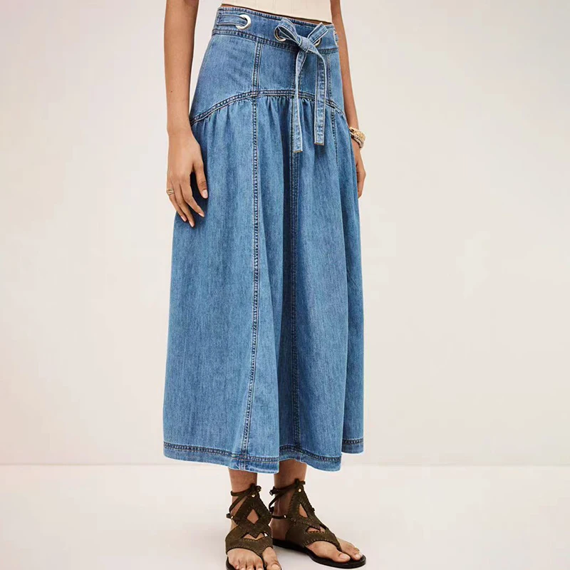 Spring Summer New Women's Blue Washed out Rope Design Simple Denim Midi Skirt Long Skirt Cotton Leather Decoration
Spring Summer New Women's Blue Washed out Rope Design Simple Denim Midi Skirt Long Skirt Cotton Leather Decoration