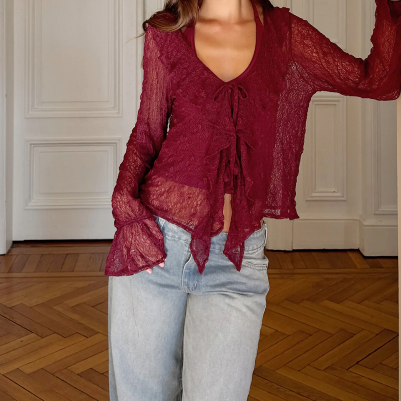 Women Y2K Clothes Lace Ruffled Tops Solid Color Long Sleeve Tie Front Blouse For Daily Wear Outdoor Activity Streetwear
Women Y2K Clothes Lace Ruffled Tops Solid Color Long Sleeve Tie Front Blouse For Daily Wear Outdoor Activity Streetwear