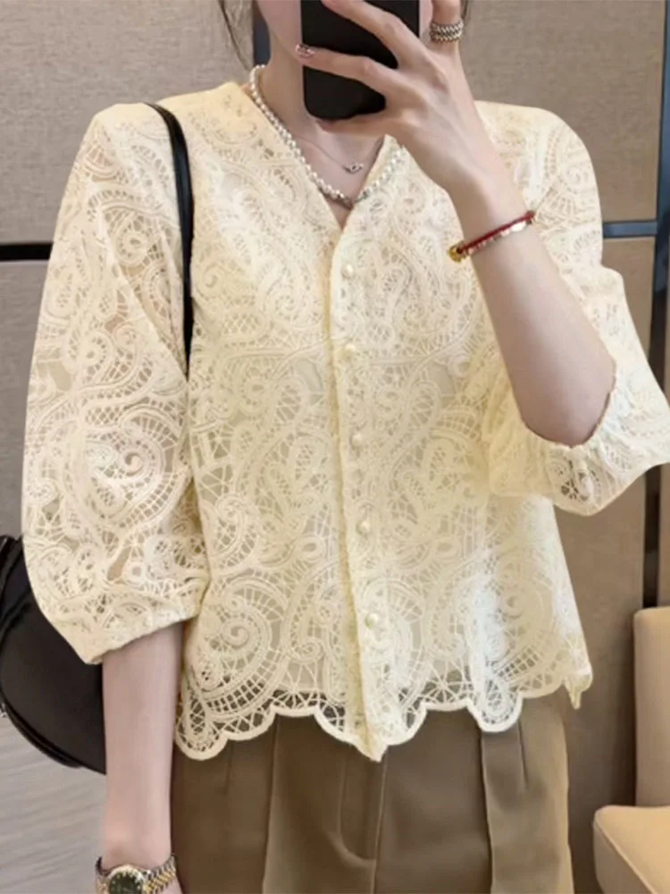 ZANZEA Openwork Lace Streetwear Shirts Stylish V Neck 3/4 Puff Sleeve Elegant Tops Femininas Casual Women 2025 Spring Blouses
ZANZEA Openwork Lace Streetwear Shirts Stylish V Neck 3/4 Puff Sleeve Elegant Tops Femininas Casual Women 2025 Spring Blouses