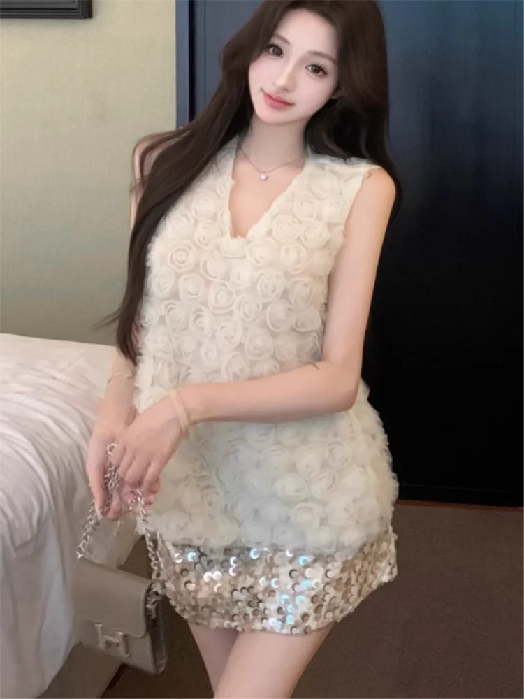 Celebrity Elegant Women 2 Piece Dress Sets V Neck 3d Rose Flower Mesh Vest Tank Top&Mini A Line Sequined Skirt chic 2pc Suits
Celebrity Elegant Women 2 Piece Dress Sets V Neck 3d Rose Flower Mesh Vest Tank Top&Mini A Line Sequined Skirt chic 2pc Suits