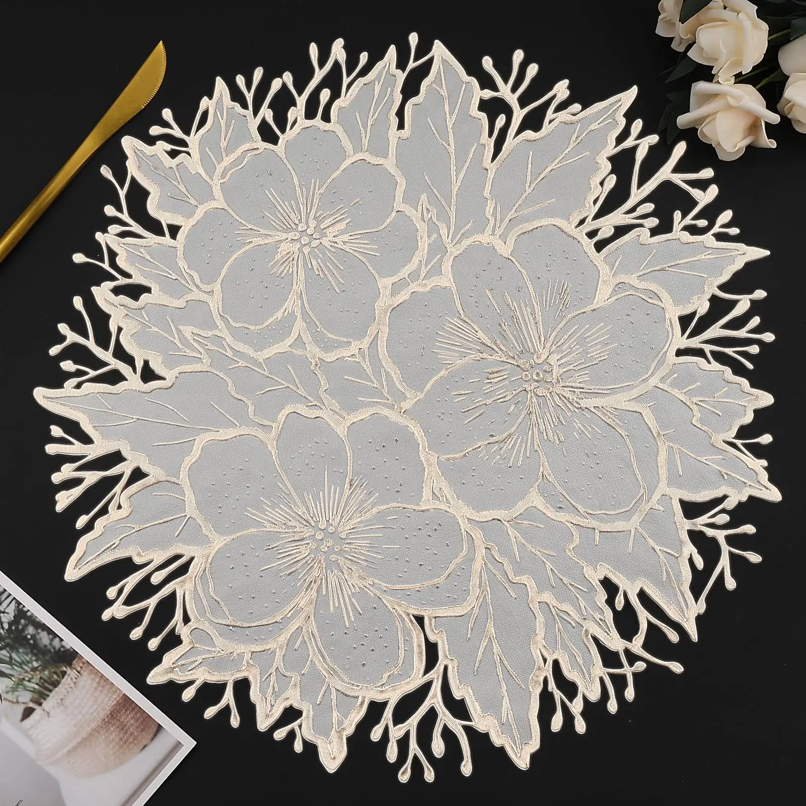 Gold White Place Mats Pressed Plum Flowers Vinyl Round Table Mats Washable for Dining Table Christmas Holiday Decorations
Gold White Place Mats Pressed Plum Flowers Vinyl Round Table Mats Washable for Dining Table Christmas Holiday Decorations