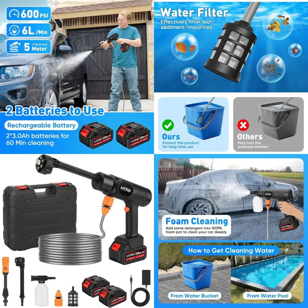 Аккумуляторная мойка высокого давления 21В, 600 PSI, с насадкой 6-в-1, двумя аккумуляторами и насадкой-стойкой для мойки автомобилей и стен
Аккумуляторная мойка высокого давления 21В, 600 PSI, с насадкой 6-в-1, двумя аккумуляторами и насадкой-стойкой для мойки автомобилей и стен