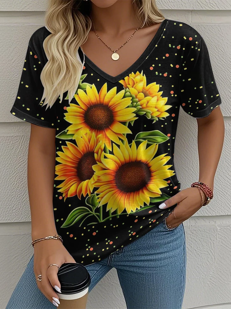 Sunflower Floral Pattern Women T Shirt Fashion V-neck Short Sleeve Tee Casual Versatile Female Clothing Summer Oversized T-shirt
Sunflower Floral Pattern Women T Shirt Fashion V-neck Short Sleeve Tee Casual Versatile Female Clothing Summer Oversized T-shirt