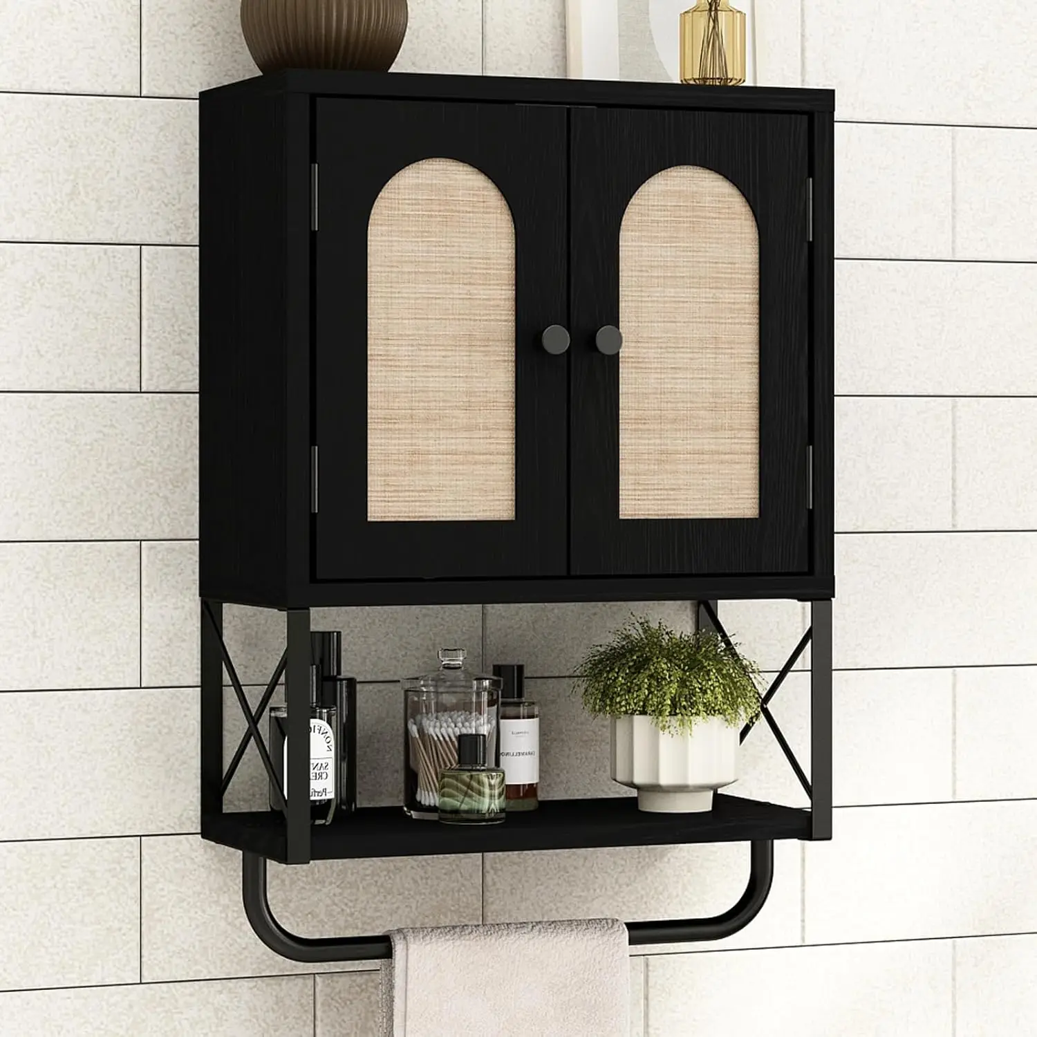 Rattan Bathroom Wall Cabinet, Boho Over The Toilet Storage with Arched Doors, Adjustable Shelves & Towel Bar
Rattan Bathroom Wall Cabinet, Boho Over The Toilet Storage with Arched Doors, Adjustable Shelves & Towel Bar