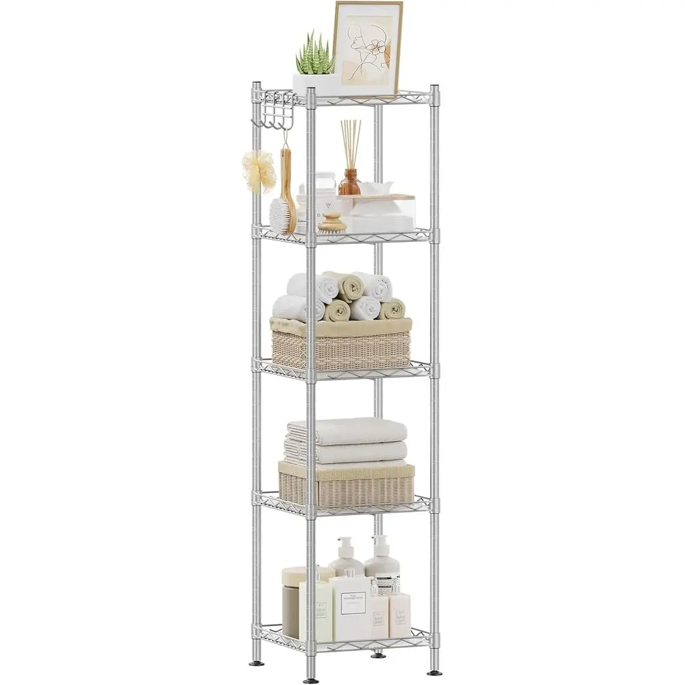 5-Tier Bathroom Shel, Storage Rack for Small Space, 5 PP Shel Liners, Removable Hook, Sleek Design, Silver and Translucent
5-Tier Bathroom Shel, Storage Rack for Small Space, 5 PP Shel Liners, Removable Hook, Sleek Design, Silver and Translucent