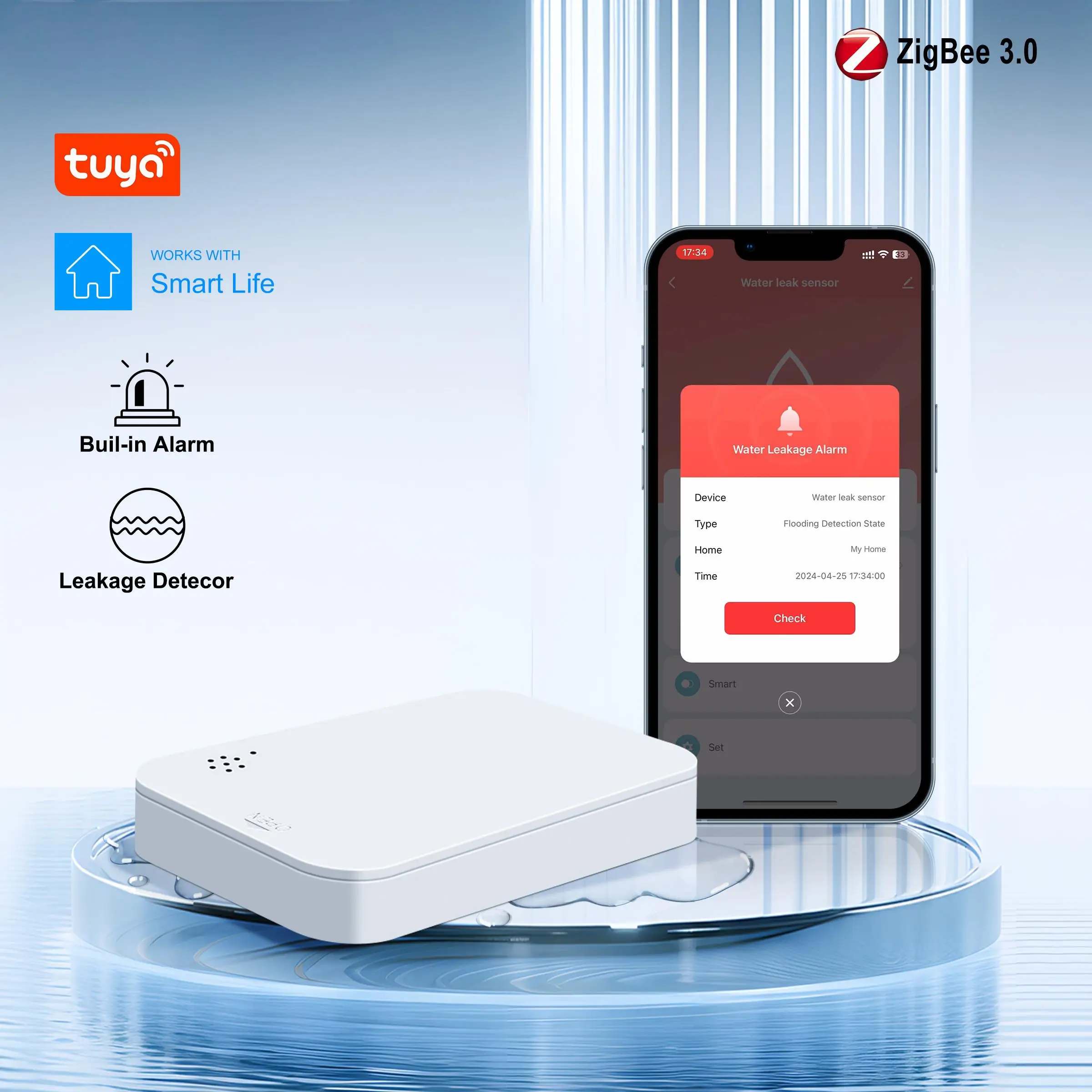 Tuya ZigBee Water Leak Sensor Smart Leakage Detector Built-in Smart Siren 85dB Alarm Sound for Smart Home Security System
Tuya ZigBee Water Leak Sensor Smart Leakage Detector Built-in Smart Siren 85dB Alarm Sound for Smart Home Security System