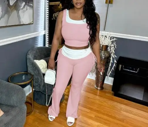 Sports Pant Sets Womens Outfits 2025 Sexy Color Blocking Fake Two-Piece Vest Top with Drawstring and Micro Horn Sports Pants Set
Sports Pant Sets Womens Outfits 2025 Sexy Color Blocking Fake Two-Piece Vest Top with Drawstring and Micro Horn Sports Pants Set