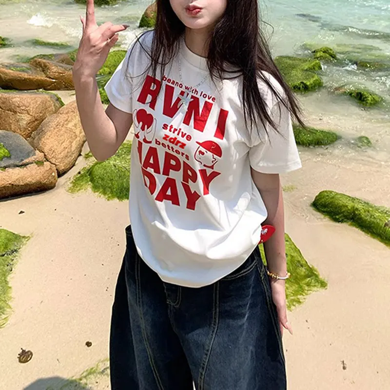 Female Clothing Red Letter O-Neck T-shirts Basic Vintage Short Sleeve Summer Printed Stylish Loose American Hotsweet Pullovers
Female Clothing Red Letter O-Neck T-shirts Basic Vintage Short Sleeve Summer Printed Stylish Loose American Hotsweet Pullovers