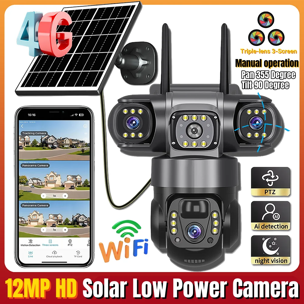 12MP Three Lens Three Screen Solar IP Camera Outdoor Battery Surveillance Humanoid Tracking Security Protection 4G CCTV Cameras
12MP Three Lens Three Screen Solar IP Camera Outdoor Battery Surveillance Humanoid Tracking Security Protection 4G CCTV Cameras
