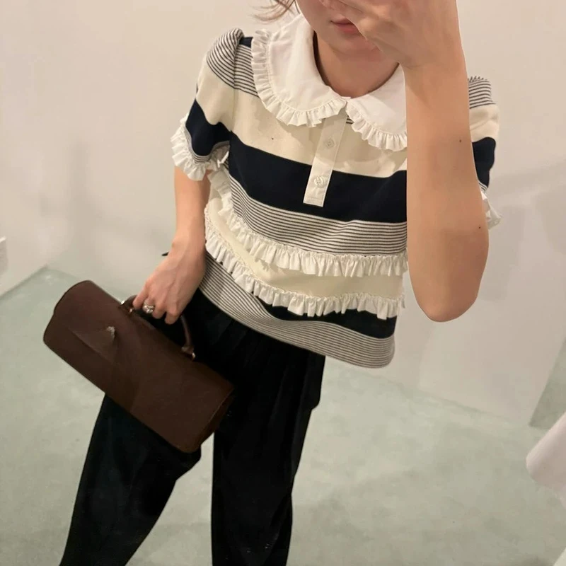 Summer New Design Color Block Striped Doll Collar Short Sleeve Short Knitted Sweater Women's Fashion Korean Style
Summer New Design Color Block Striped Doll Collar Short Sleeve Short Knitted Sweater Women's Fashion Korean Style