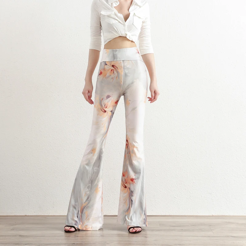 New printed waisted bell bottom pants for women, with high hip elasticity and large size extension
New printed waisted bell bottom pants for women, with high hip elasticity and large size extension