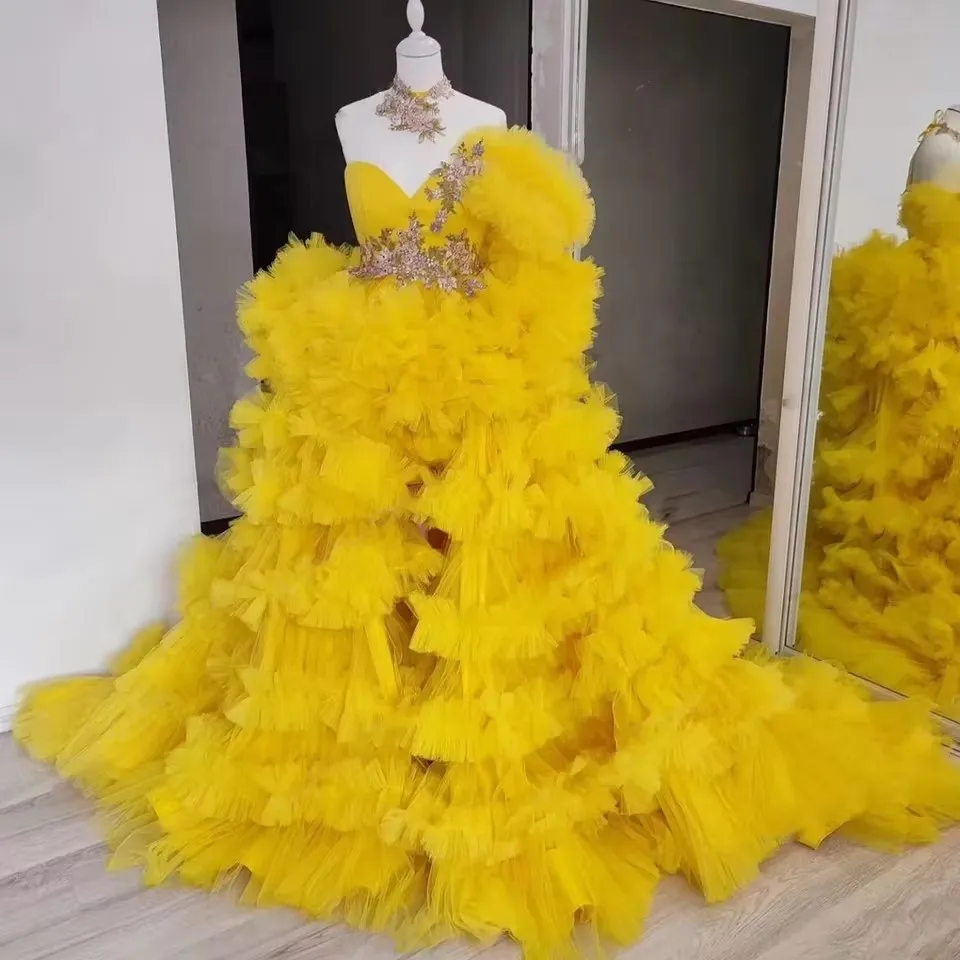 Elegant Gold Beaded Dresses Off The Shoulder Fluffy Tulle Formal Party Dress Ruffle Women Applique Puffy Bridal Dresses
Elegant Gold Beaded Dresses Off The Shoulder Fluffy Tulle Formal Party Dress Ruffle Women Applique Puffy Bridal Dresses