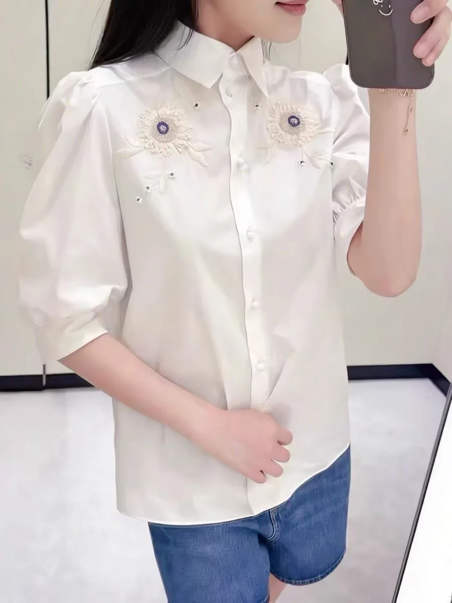 Sweet Girls Puff Sleeve Cotton White Shirt Turn Down Collar Fashion Sunflower Embroidered Tops
Sweet Girls Puff Sleeve Cotton White Shirt Turn Down Collar Fashion Sunflower Embroidered Tops