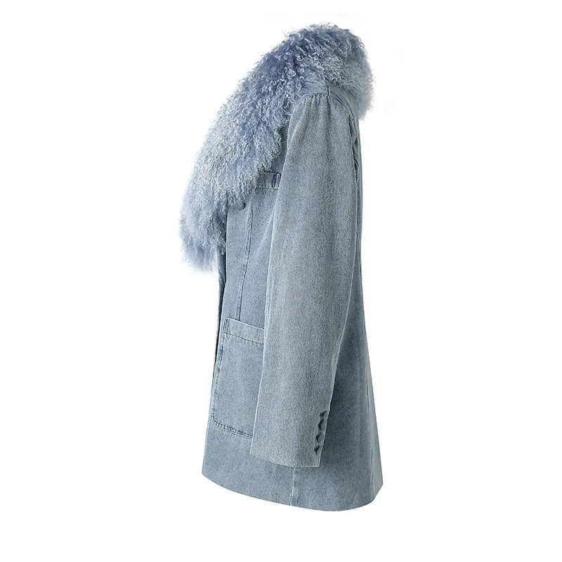 Lady Fashion Denim Coats Women Fluffly Mongolian Fur Collar Denim Jacket Big Collar Natural Fur Coat Removable collar
Lady Fashion Denim Coats Women Fluffly Mongolian Fur Collar Denim Jacket Big Collar Natural Fur Coat Removable collar