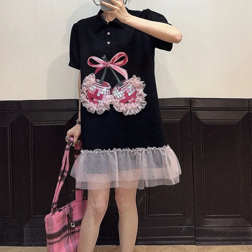 summer cherry short-sleeved POLO skirt women's loose medium and long bottom pendulum lace dress
summer cherry short-sleeved POLO skirt women's loose medium and long bottom pendulum lace dress