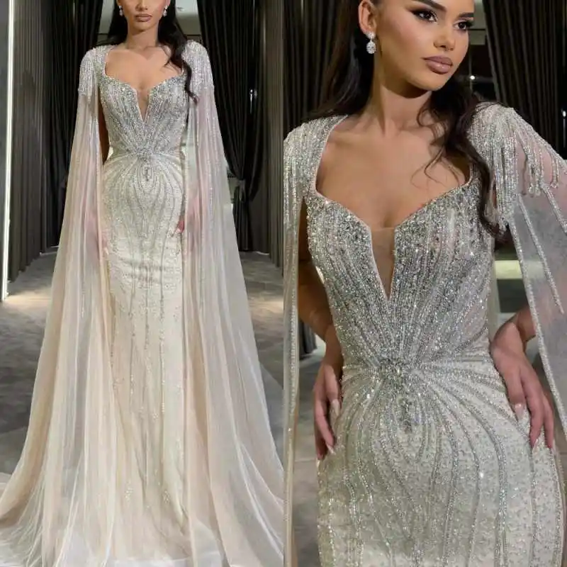 Charming Crytsals Prom Gowns V Neck Sleeveless With Cape Mermaid Evening Dresses Beaded Celebrity Party Customized
Charming Crytsals Prom Gowns V Neck Sleeveless With Cape Mermaid Evening Dresses Beaded Celebrity Party Customized
