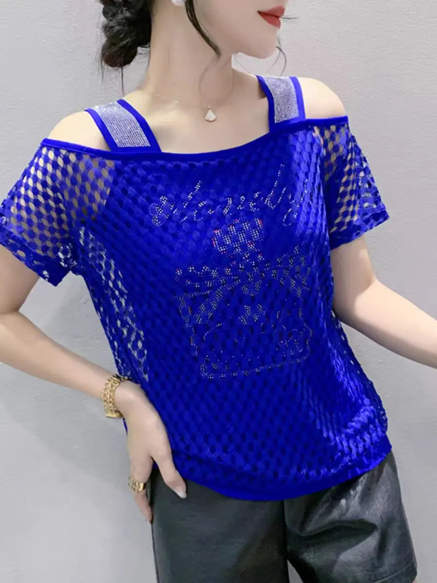 Connected One-piece Mesh T-Shirts Girl Off-shoulder Diamonds Straps Stretchy Tee Tshirt Women Summer Slim Tops
Connected One-piece Mesh T-Shirts Girl Off-shoulder Diamonds Straps Stretchy Tee Tshirt Women Summer Slim Tops