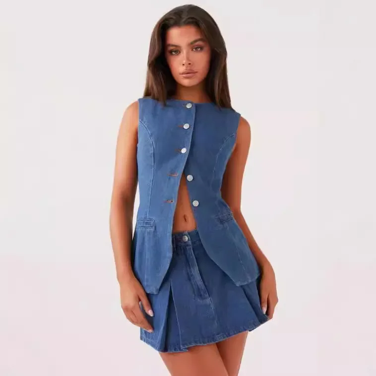 Denim Skirt 2 Piece Sets Women Streetwear Outfits Top Sleeveless Single Breasted High Waist Mini Skirts Distressed Casual Suits
Denim Skirt 2 Piece Sets Women Streetwear Outfits Top Sleeveless Single Breasted High Waist Mini Skirts Distressed Casual Suits