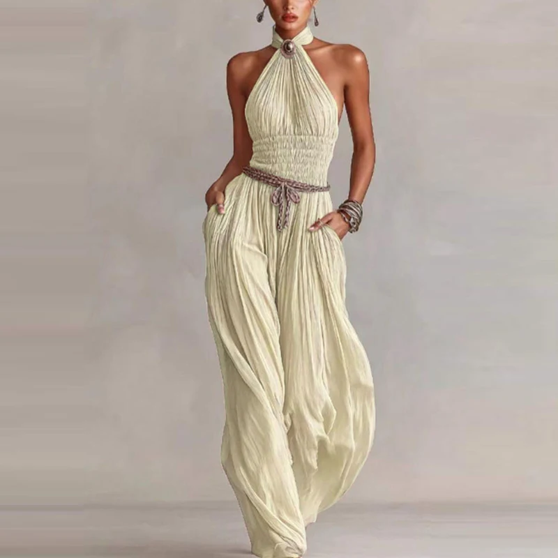 Sexy Hanging Neck Off Shoulder Vacation Jumpsuit Lady Pleated Wide Leg Bodysuit Fashion Backless Sleeveless Romper
Sexy Hanging Neck Off Shoulder Vacation Jumpsuit Lady Pleated Wide Leg Bodysuit Fashion Backless Sleeveless Romper