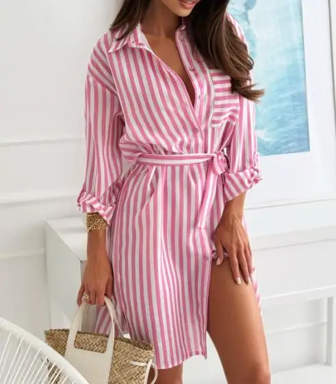Casual Dress Striped Print Lapel Loose Women's High Waist Dress Elegant Casual Summer Waist Cinched Single Breasted Shirt Dress
Casual Dress Striped Print Lapel Loose Women's High Waist Dress Elegant Casual Summer Waist Cinched Single Breasted Shirt Dress