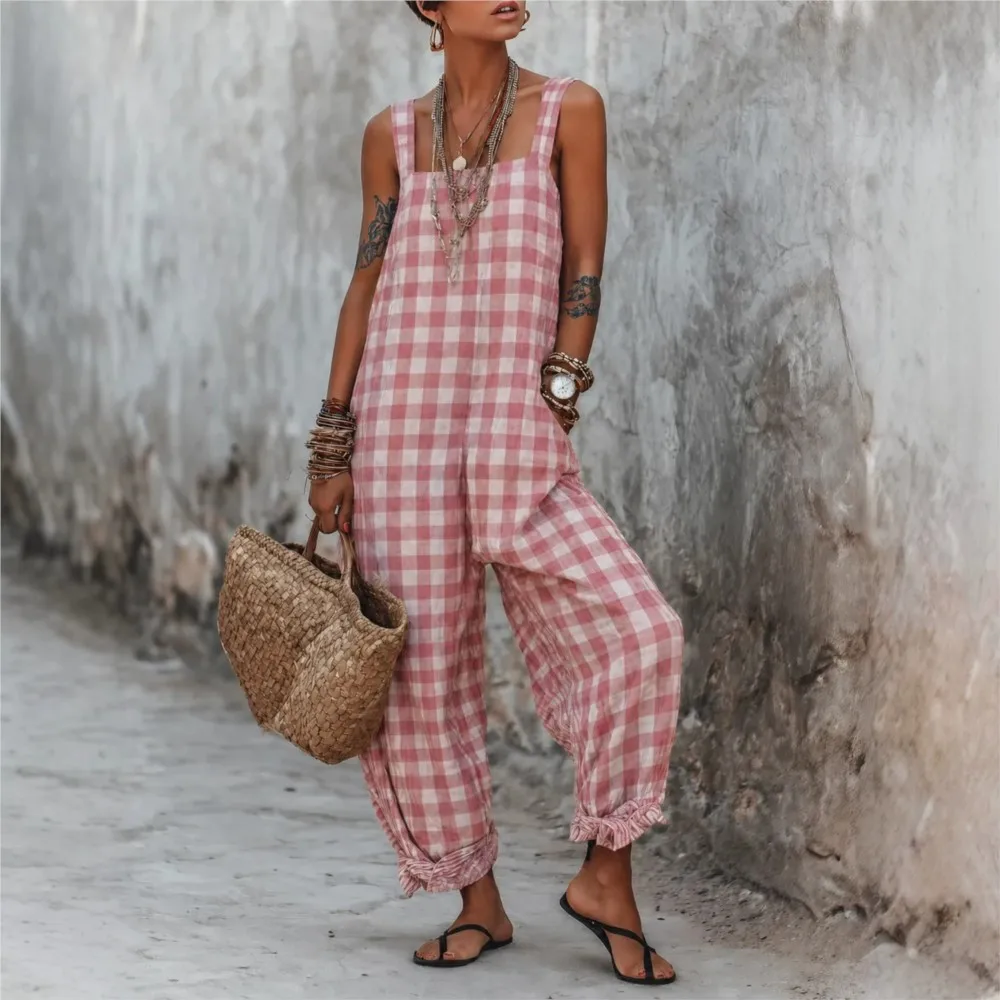 Fashion Summer Plaid Jumpsuit Women Sleeveless Square Neck Loose Trousers Casual Holiday Beach Boho Style Romper With Ruffle Hem
Fashion Summer Plaid Jumpsuit Women Sleeveless Square Neck Loose Trousers Casual Holiday Beach Boho Style Romper With Ruffle Hem