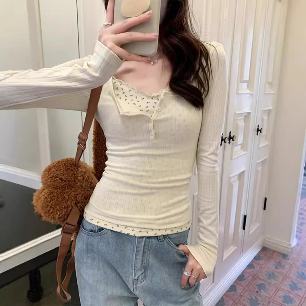 Korean Long Sleeve Cotton Women's T-shirt Summer Lace Low Neck Slim Fit T-Shirt Fake Two Bm Floral Bottom Shirt Inner Short Tops
Korean Long Sleeve Cotton Women's T-shirt Summer Lace Low Neck Slim Fit T-Shirt Fake Two Bm Floral Bottom Shirt Inner Short Tops