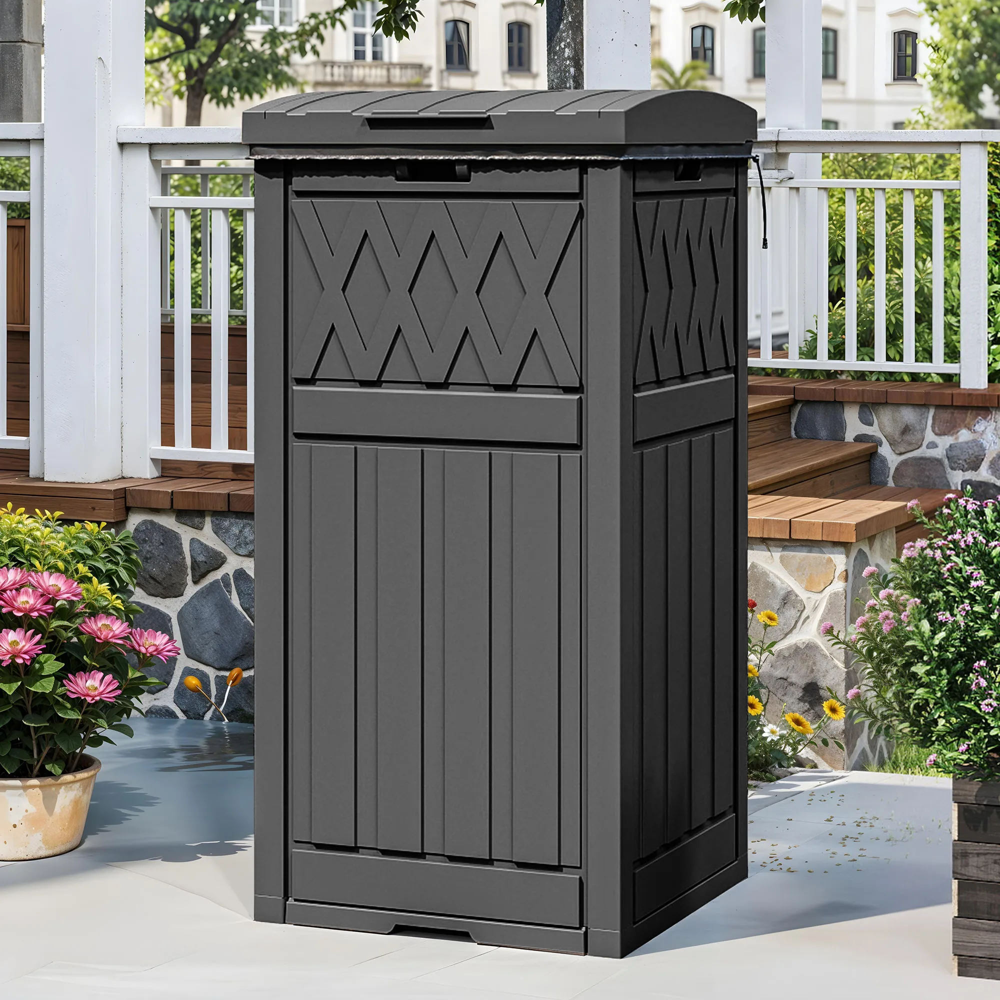 31 Gallon Large Outdoor Trash Bin, Waterproof Resin Garbage Can with Lid & Drip Tray, Waste Container,for Porch, Backyard, Black
31 Gallon Large Outdoor Trash Bin, Waterproof Resin Garbage Can with Lid & Drip Tray, Waste Container,for Porch, Backyard, Black
