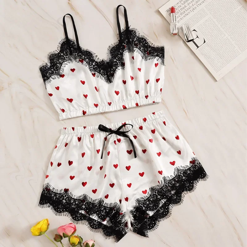 Women Sexy Lace Pajamas Set Silk Satin Sleepwear Summer V-neck Sleeveless Pijama Faux Silk Homewear Red Heart Print Nightwear
Women Sexy Lace Pajamas Set Silk Satin Sleepwear Summer V-neck Sleeveless Pijama Faux Silk Homewear Red Heart Print Nightwear
