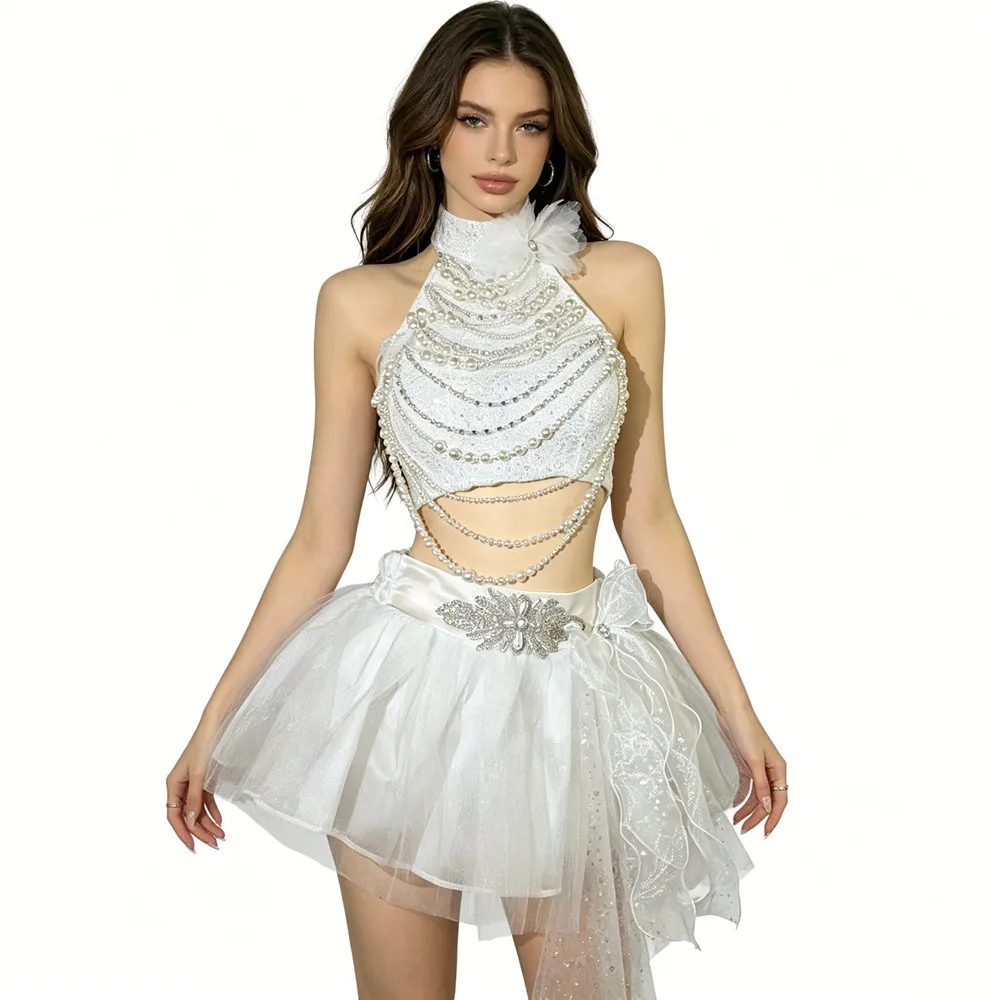 Elegant White Floral Pearl Beaded Gauze Tutu Skirt Glitter Lace Crop Top Two Piece Set Nightclub Party Carnival Dance Costume
Elegant White Floral Pearl Beaded Gauze Tutu Skirt Glitter Lace Crop Top Two Piece Set Nightclub Party Carnival Dance Costume