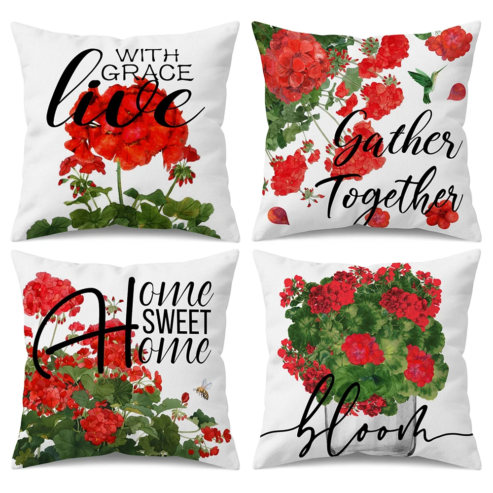 Red Geranium Flowers Throw Pillow Covers 18x18 Inch Set of 4, Double-Sided White Linen Cushion Covers for Farmhouse Sofa Decor
Red Geranium Flowers Throw Pillow Covers 18x18 Inch Set of 4, Double-Sided White Linen Cushion Covers for Farmhouse Sofa Decor