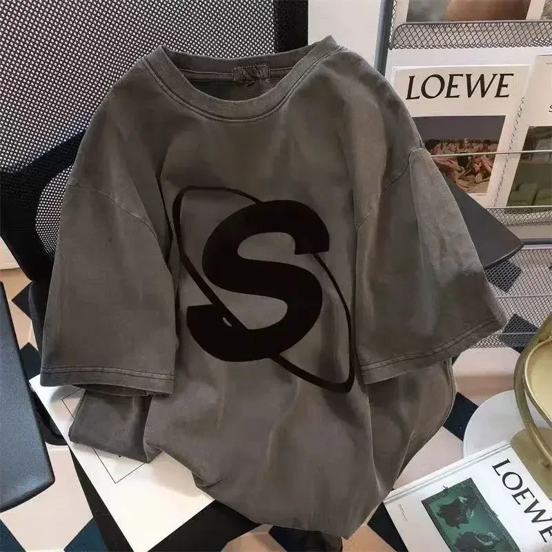 Loose Design Personalized Letter Printing Short-Sleeved T-Shirt for Men and Women - American Street Fashion Summer Vintage Top
Loose Design Personalized Letter Printing Short-Sleeved T-Shirt for Men and Women - American Street Fashion Summer Vintage Top