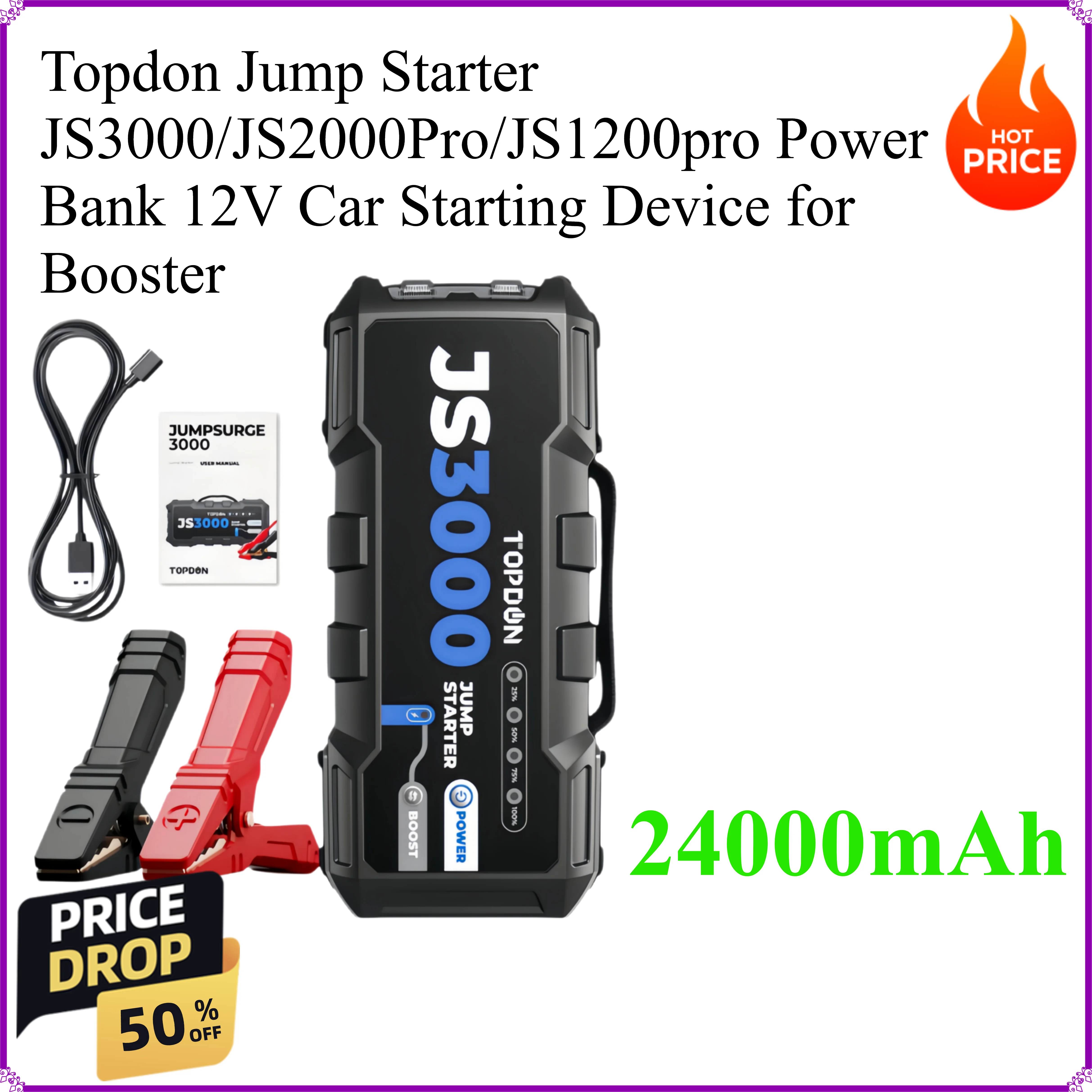 Topdon Jump Starter 24000mAh JS3000/JS2000Pro/JS1200pro Power Bank 12V Car Starting Device for Booster
Topdon Jump Starter 24000mAh JS3000/JS2000Pro/JS1200pro Power Bank 12V Car Starting Device for Booster