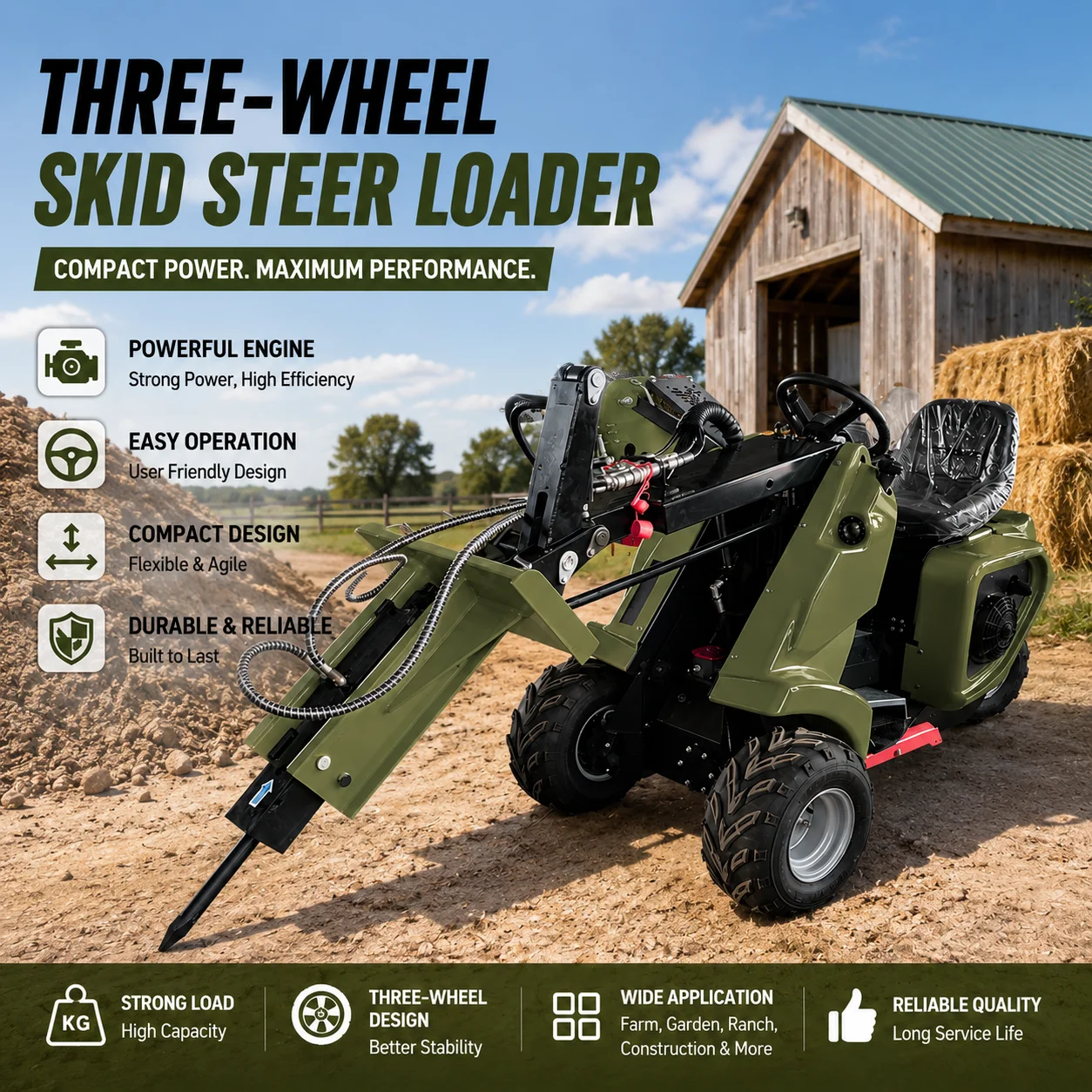 Compact 3 Wheel Skid Steer Loader Multi Function Mini Loader for Farm Use
Compact 3 Wheel Skid Steer Loader Multi Function Mini Loader for Farm Use