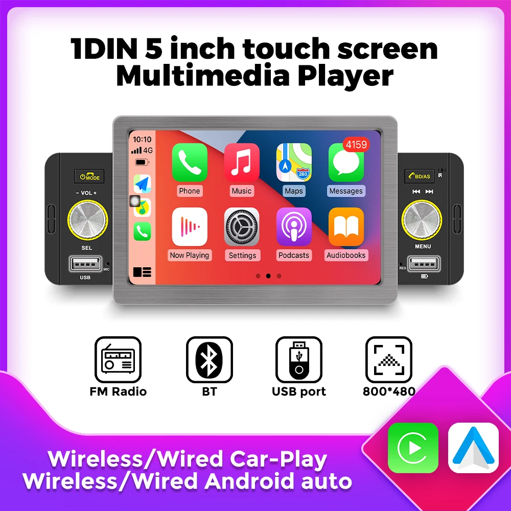 1DIN Car Radio 5 inch Touch Universal Screen Multimedia Video Player Wireless/Wired Car-Play Android Auto FM Radio BT USB
1DIN Car Radio 5 inch Touch Universal Screen Multimedia Video Player Wireless/Wired Car-Play Android Auto FM Radio BT USB