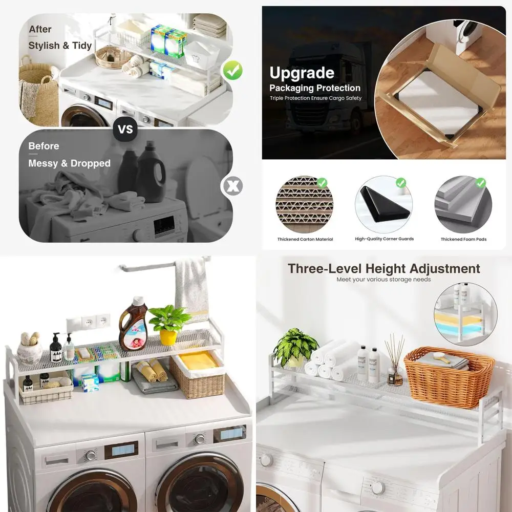 54 x 27.5 Wooden Laundry Countertop with Anti-Slip Pads for Washer and Dryer, Enhancing Storage and Organization in White
54 x 27.5 Wooden Laundry Countertop with Anti-Slip Pads for Washer and Dryer, Enhancing Storage and Organization in White
