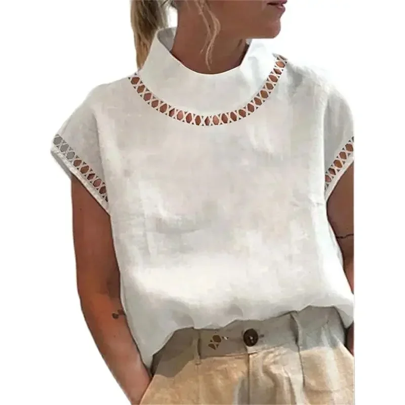 Women Turtleneck Hollow Out Splice Pullover Shirt Summer Solid Color Short Sleeve Blouse Comfortable Female Casual Commuter Tops
Women Turtleneck Hollow Out Splice Pullover Shirt Summer Solid Color Short Sleeve Blouse Comfortable Female Casual Commuter Tops