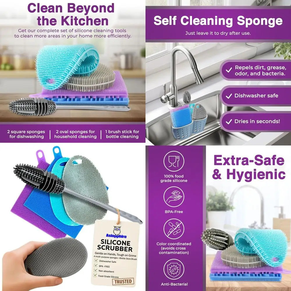 Silicone Dish Scrubber Sponges (5-Pack) - Dual-Sided Silicone Scrubbers and 1 Bottle Stick Brush - Food Grade Kitchen Scrubbers
Silicone Dish Scrubber Sponges (5-Pack) - Dual-Sided Silicone Scrubbers and 1 Bottle Stick Brush - Food Grade Kitchen Scrubbers