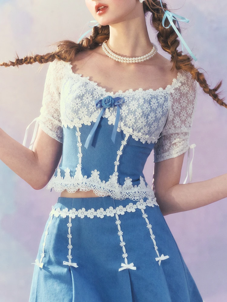 84-102cm Bust Summer y2k Short Tops Women Elegant Slim Sexy Backless Bandage Design French Lace Patchwork Hot Girl Denim Tops
84-102cm Bust Summer y2k Short Tops Women Elegant Slim Sexy Backless Bandage Design French Lace Patchwork Hot Girl Denim Tops