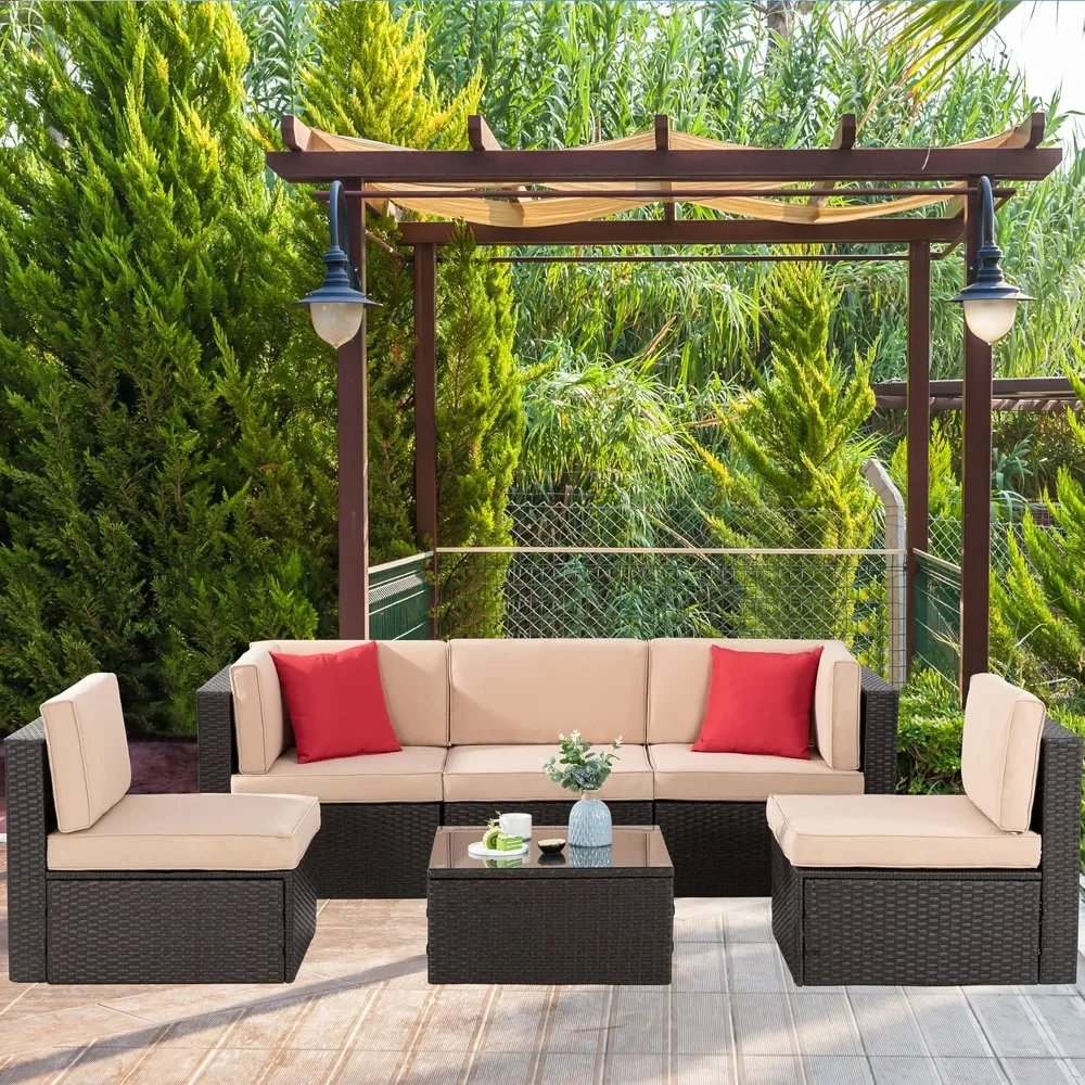 6 Pieces Patio garden furniture sets, PE Rattan Manual Wicker Patio Conversation Set w/Glass Table&Ottoman Cushion and Pillows 
6 Pieces Patio garden furniture sets, PE Rattan Manual Wicker Patio Conversation Set w/Glass Table&Ottoman Cushion and Pillows